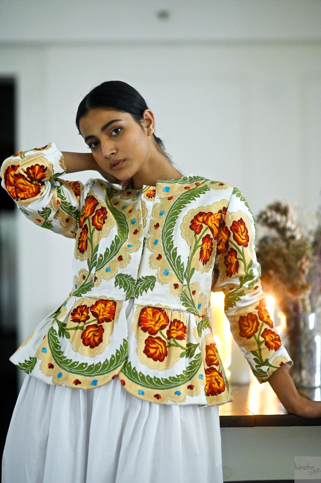 Ruth Sonam, Pure Gyasar Silk &amp; Copper Zari, Short Peplum Jacket in White - kinchecom