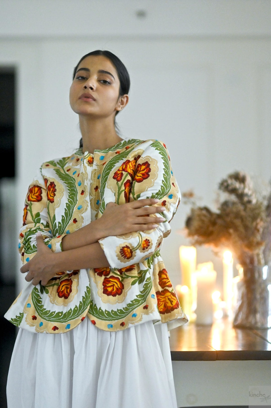 Ruth Sonam, Pure Gyasar Silk &amp; Copper Zari, Short Peplum Jacket in White - kinchecom