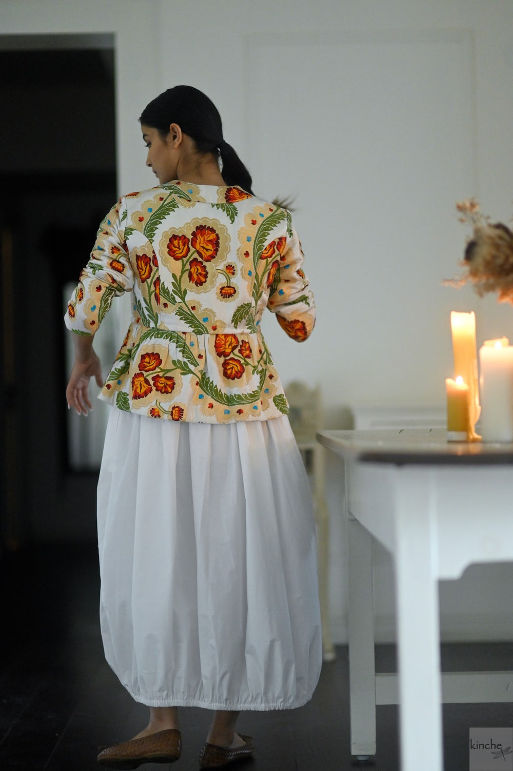 Ruth Sonam, Pure Gyasar Silk & Copper Zari, Short Peplum Jacket in White - kinchecom