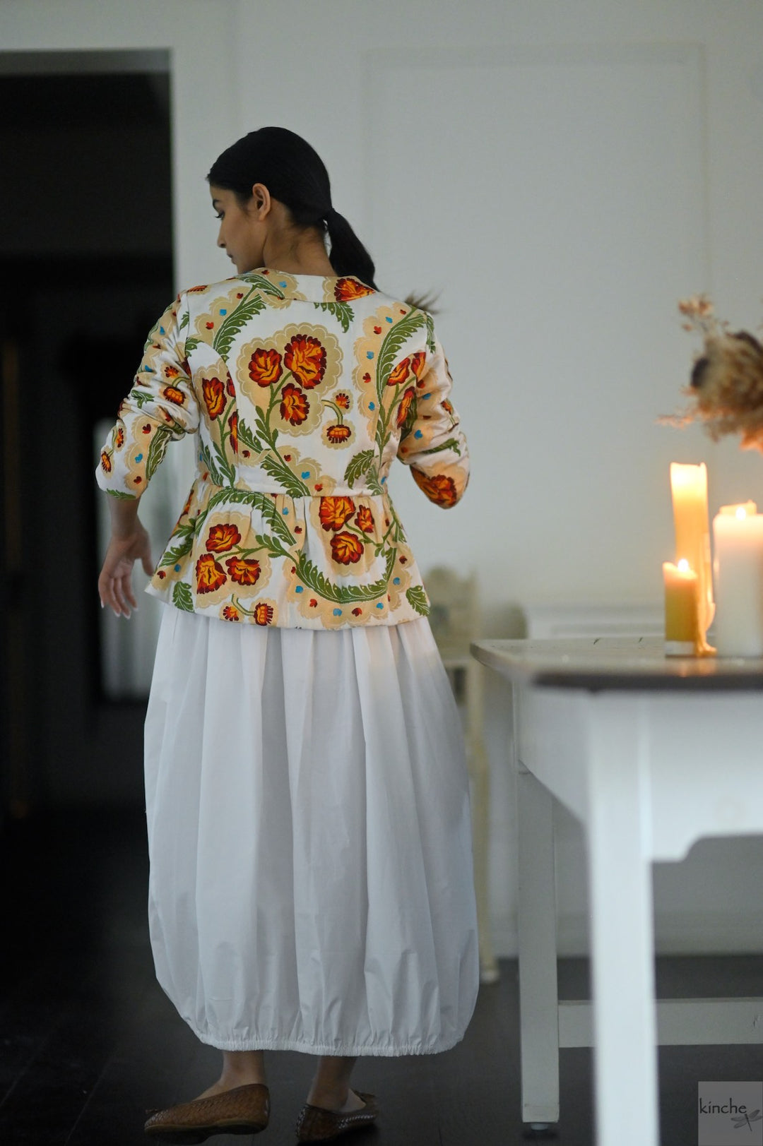 Ruth Sonam, Pure Gyasar Silk &amp; Copper Zari, Short Peplum Jacket in White - kinchecom