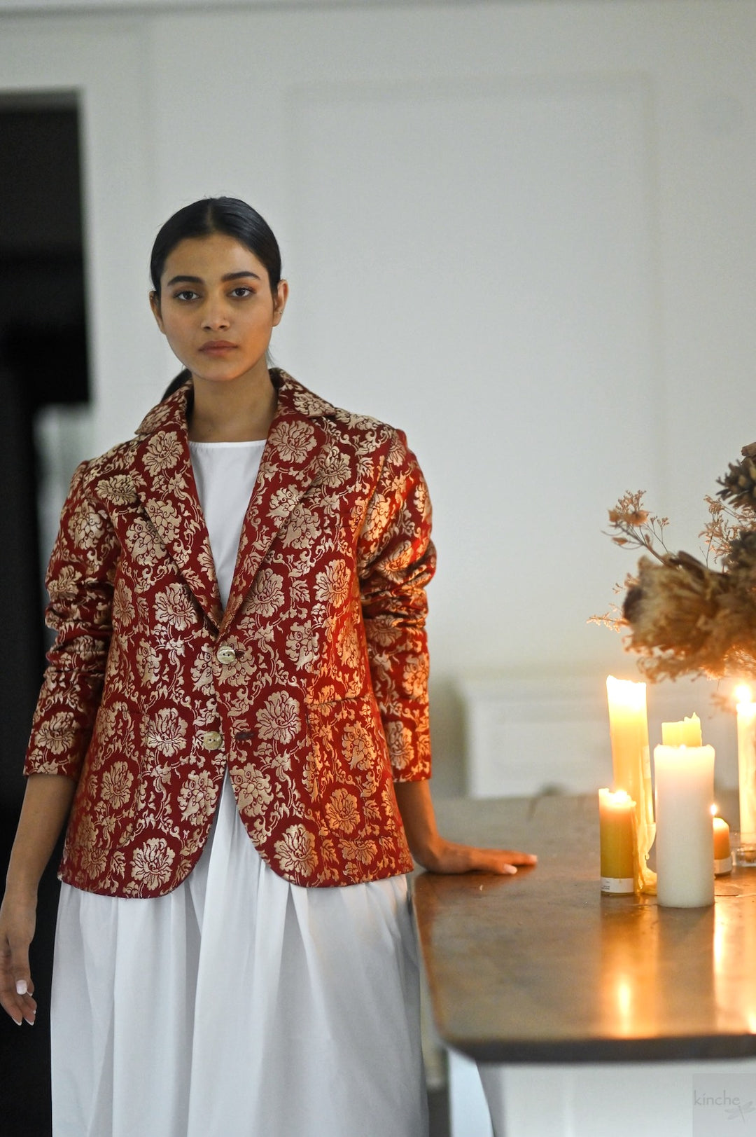 Tenges, Tibetan Silk &amp; Copper Zari Blazer in Deep Red - kinchecom
