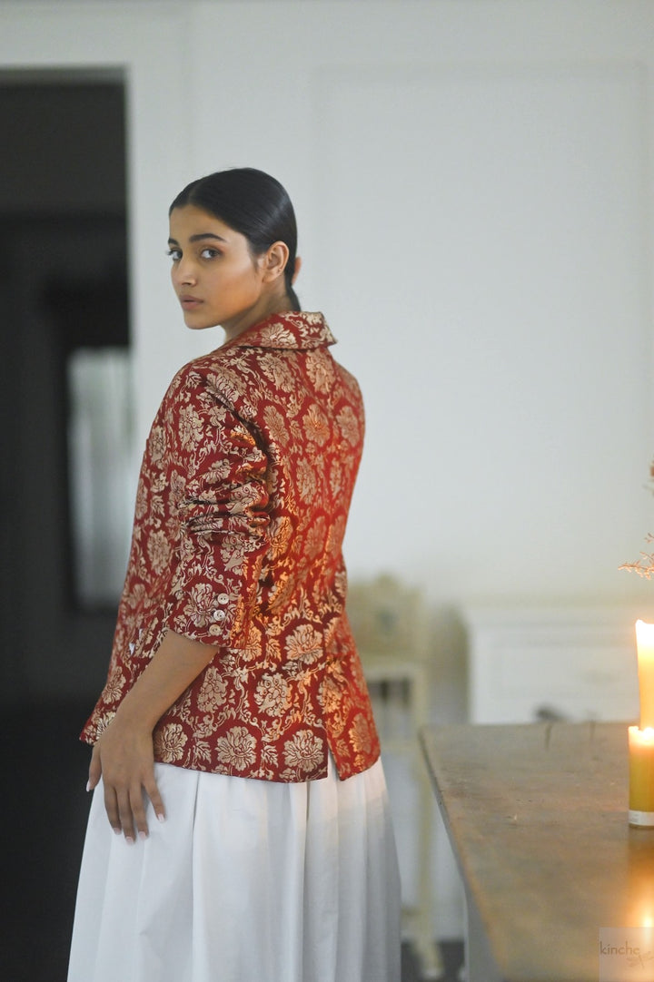Tenges, Tibetan Silk &amp; Copper Zari Blazer in Deep Red - kinchecom