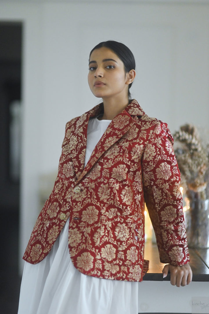 Tenges, Tibetan Silk &amp; Copper Zari Blazer in Deep Red - kinchecom
