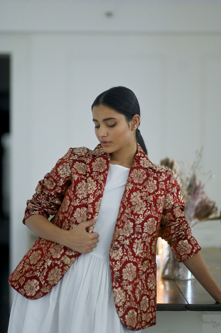 Tenges, Tibetan Silk &amp; Copper Zari Blazer in Deep Red - kinchecom