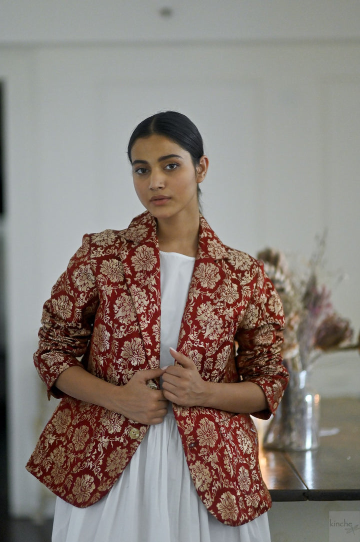 Tenges, Tibetan Silk &amp; Copper Zari Blazer in Deep Red - kinchecom
