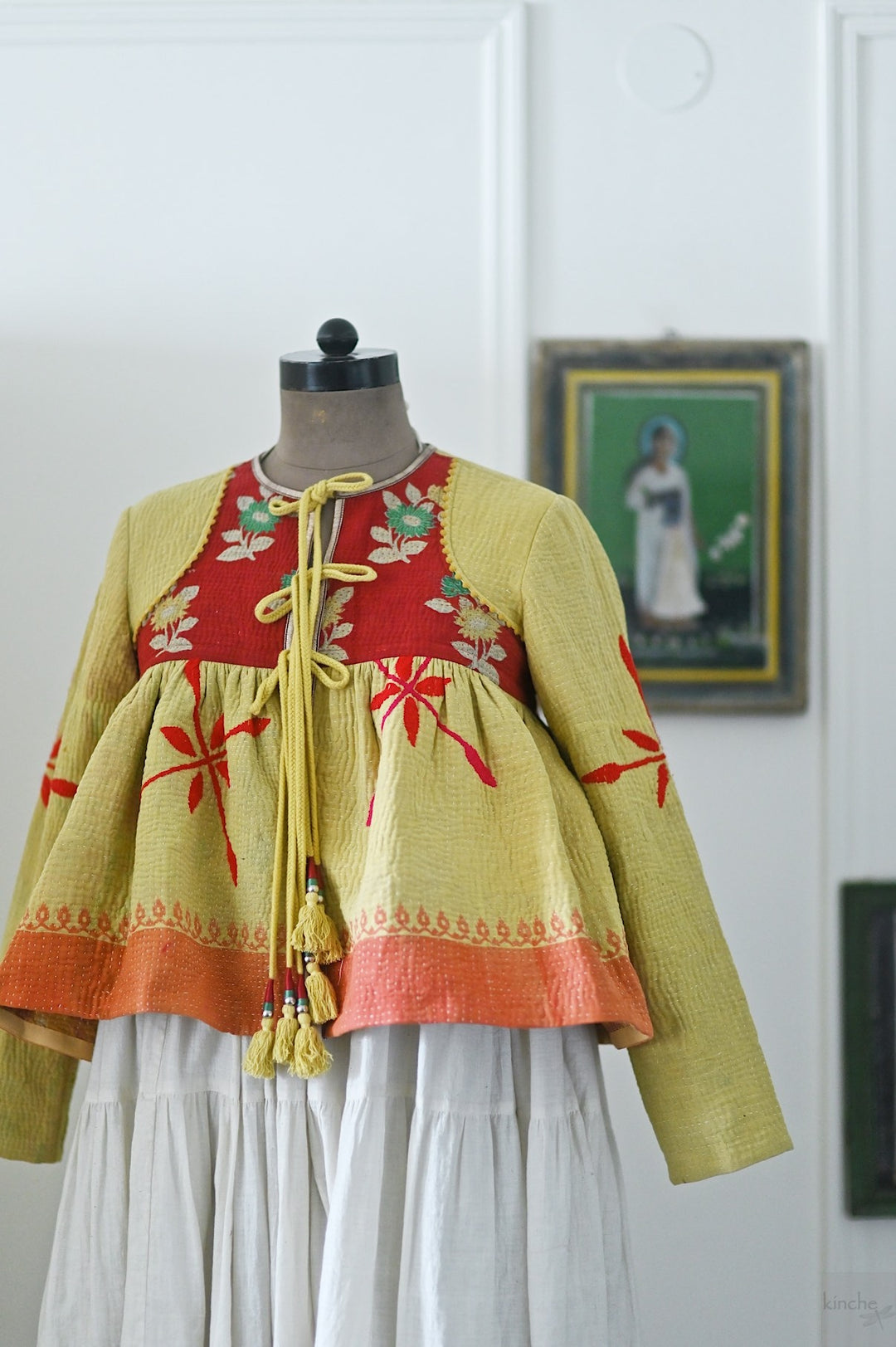 Chennai, Hand Crafted & Hand Embroidered Kantha Kediya Jacket in Yellow, Medium - kinchecom