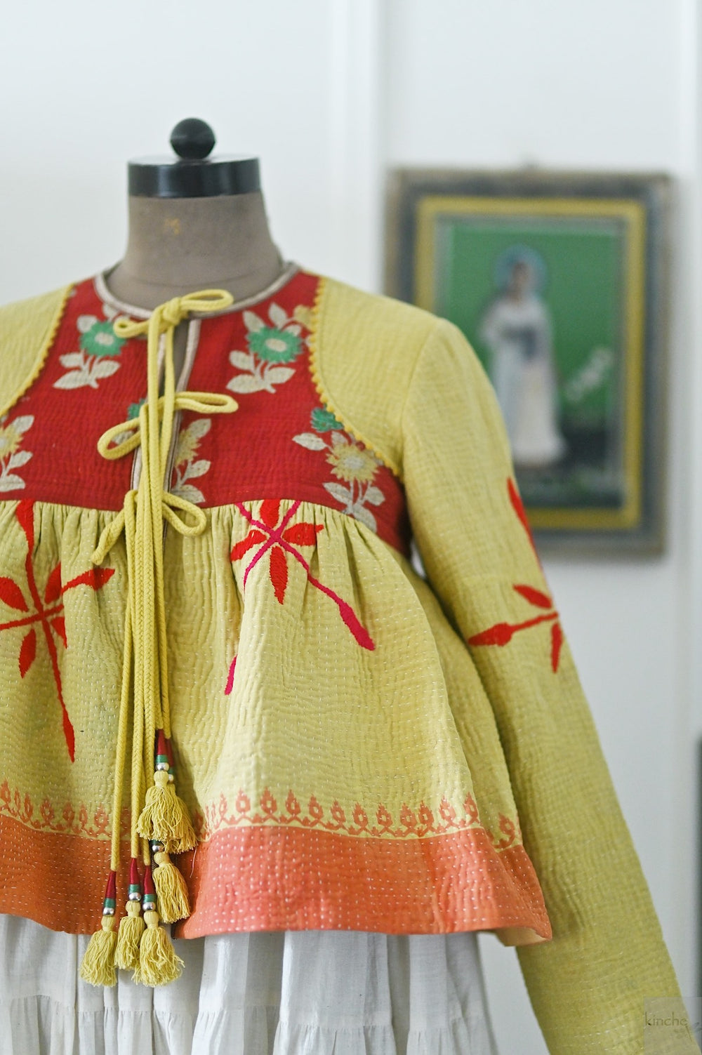 Chennai, Hand Crafted & Hand Embroidered Kantha Kediya Jacket in Yellow, Medium - kinchecom