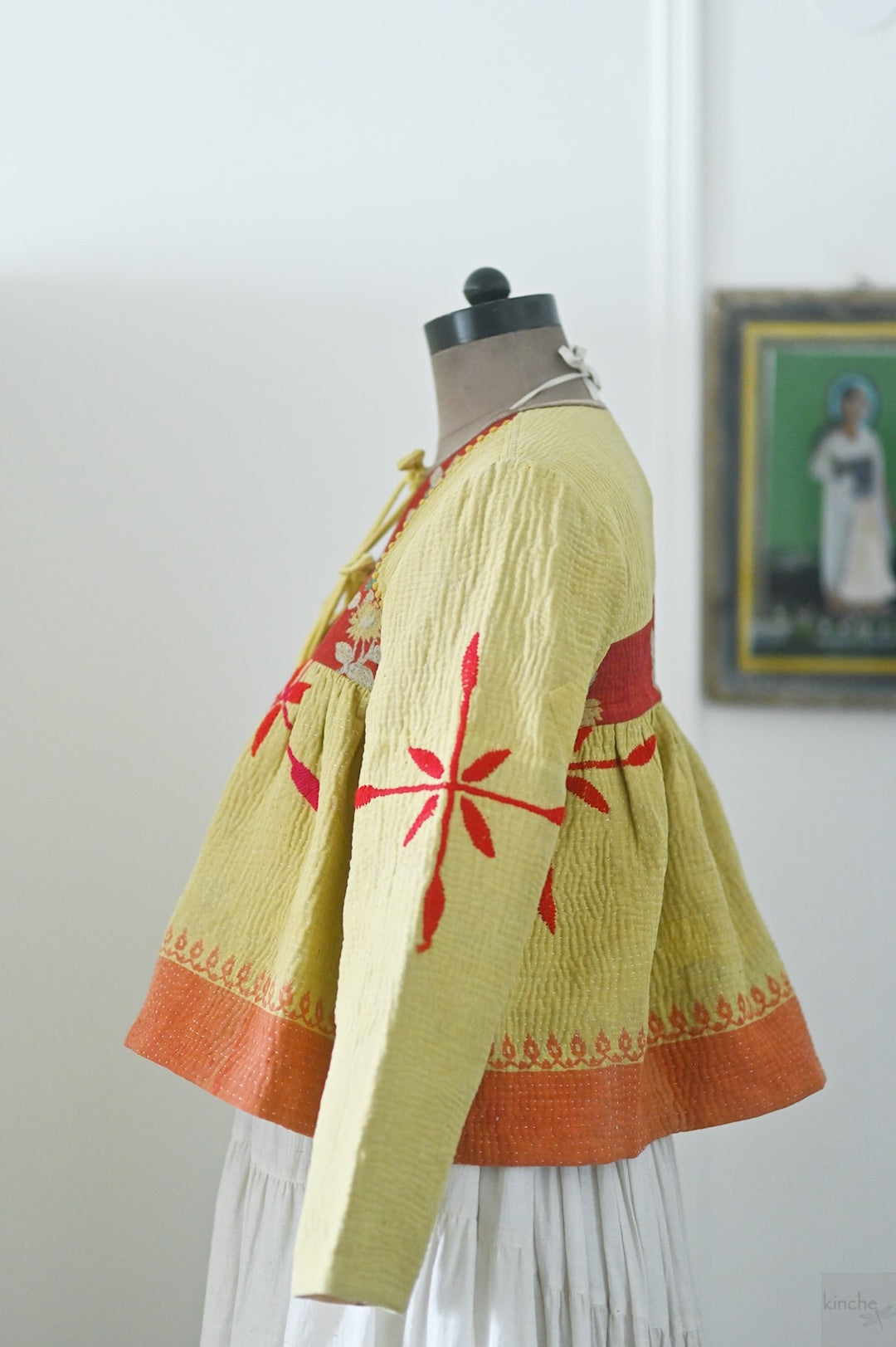 Chennai, Hand Crafted &amp; Hand Embroidered Kantha Kediya Jacket in Yellow, Medium - kinchecom