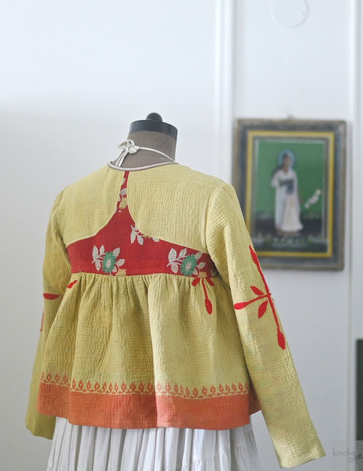 Chennai, Hand Crafted &amp; Hand Embroidered Kantha Kediya Jacket in Yellow, Medium - kinchecom