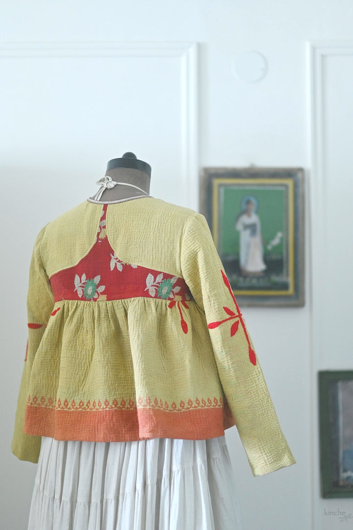 Chennai, Hand Crafted &amp; Hand Embroidered Kantha Kediya Jacket in Yellow, Medium - kinchecom