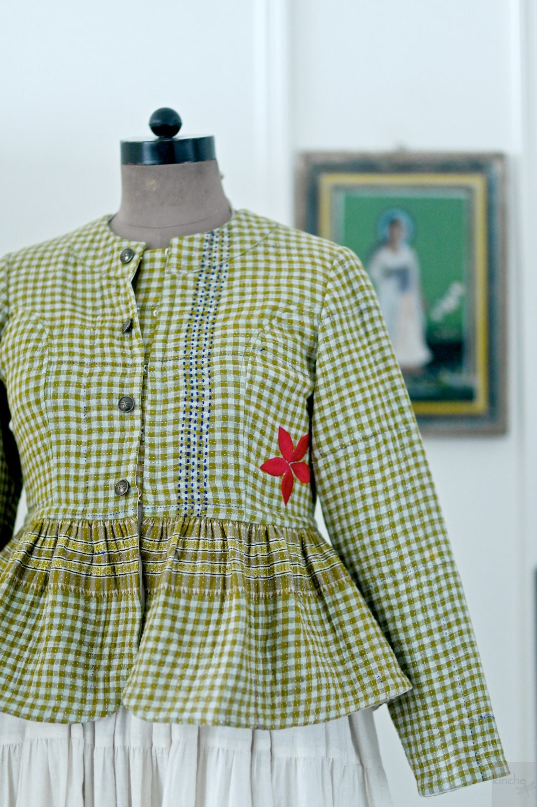 Nyara, One of a Kind, Hand Embroidered Peplum in Light Green, Medium - kinchecom