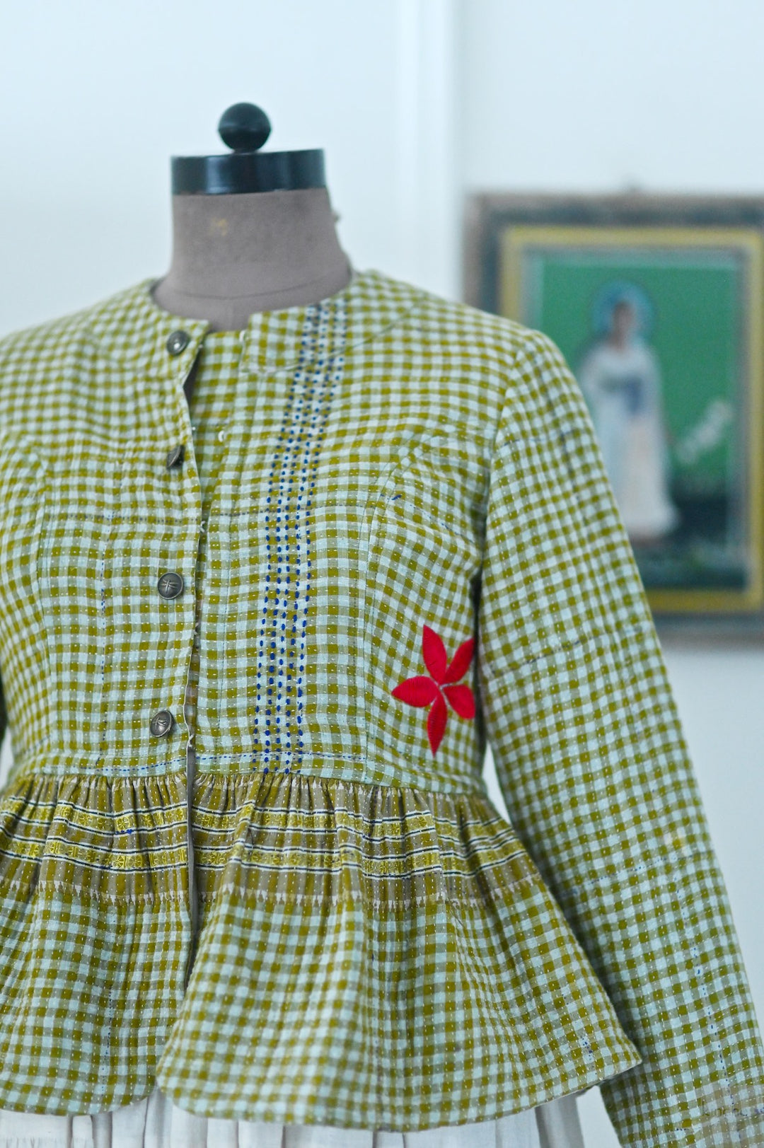 Nyara, One of a Kind, Hand Embroidered Peplum in Light Green, Medium - kinchecom