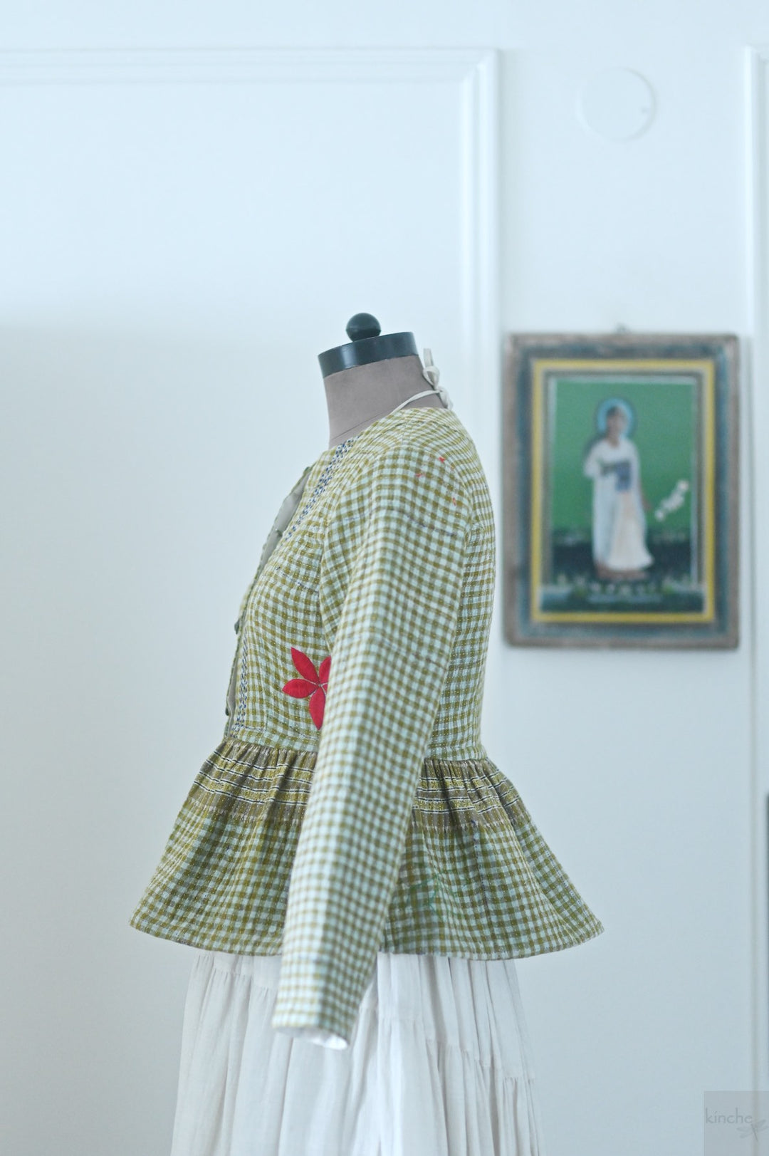 Nyara, One of a Kind, Hand Embroidered Peplum in Light Green, Medium - kinchecom