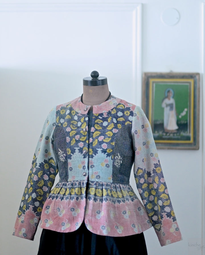 Muna, One of a Kind, Hand Embroidered Peplum in Black Pink &amp; Grey - kinchecom
