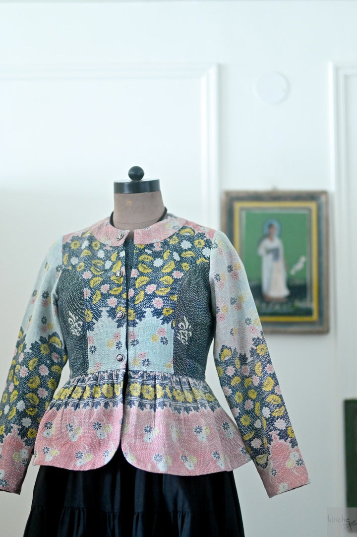 Muna, One of a Kind, Hand Embroidered Peplum in Black Pink &amp; Grey - kinchecom