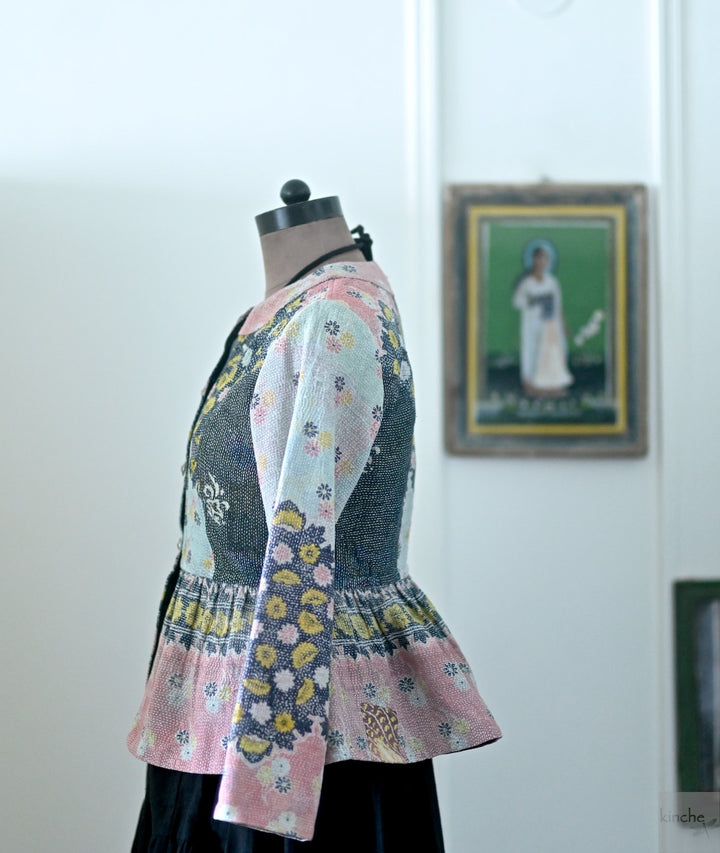 Muna, One of a Kind, Hand Embroidered Peplum in Black Pink &amp; Grey - kinchecom