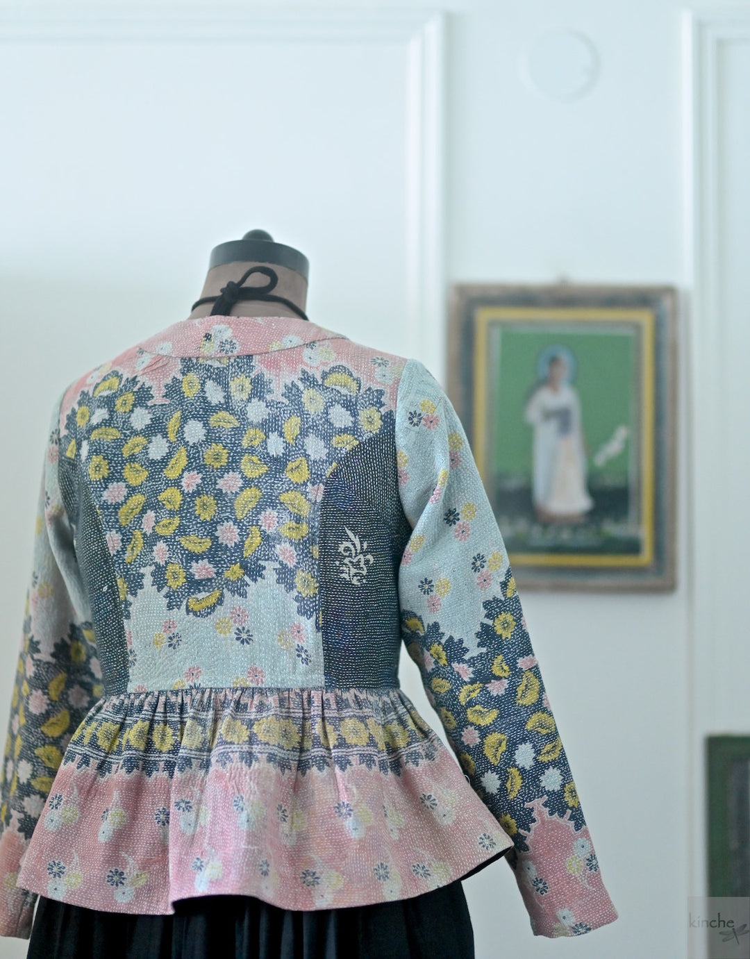 Muna, One of a Kind, Hand Embroidered Peplum in Black Pink &amp; Grey - kinchecom
