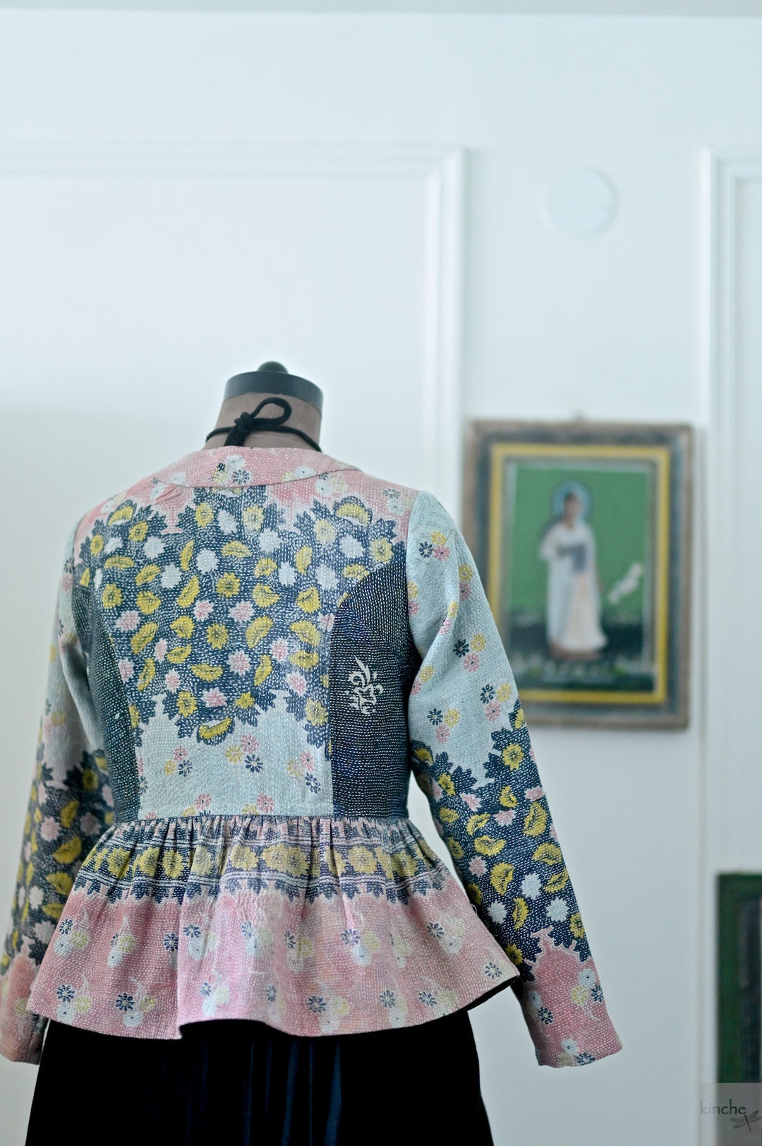 Muna, One of a Kind, Hand Embroidered Peplum in Black Pink &amp; Grey - kinchecom