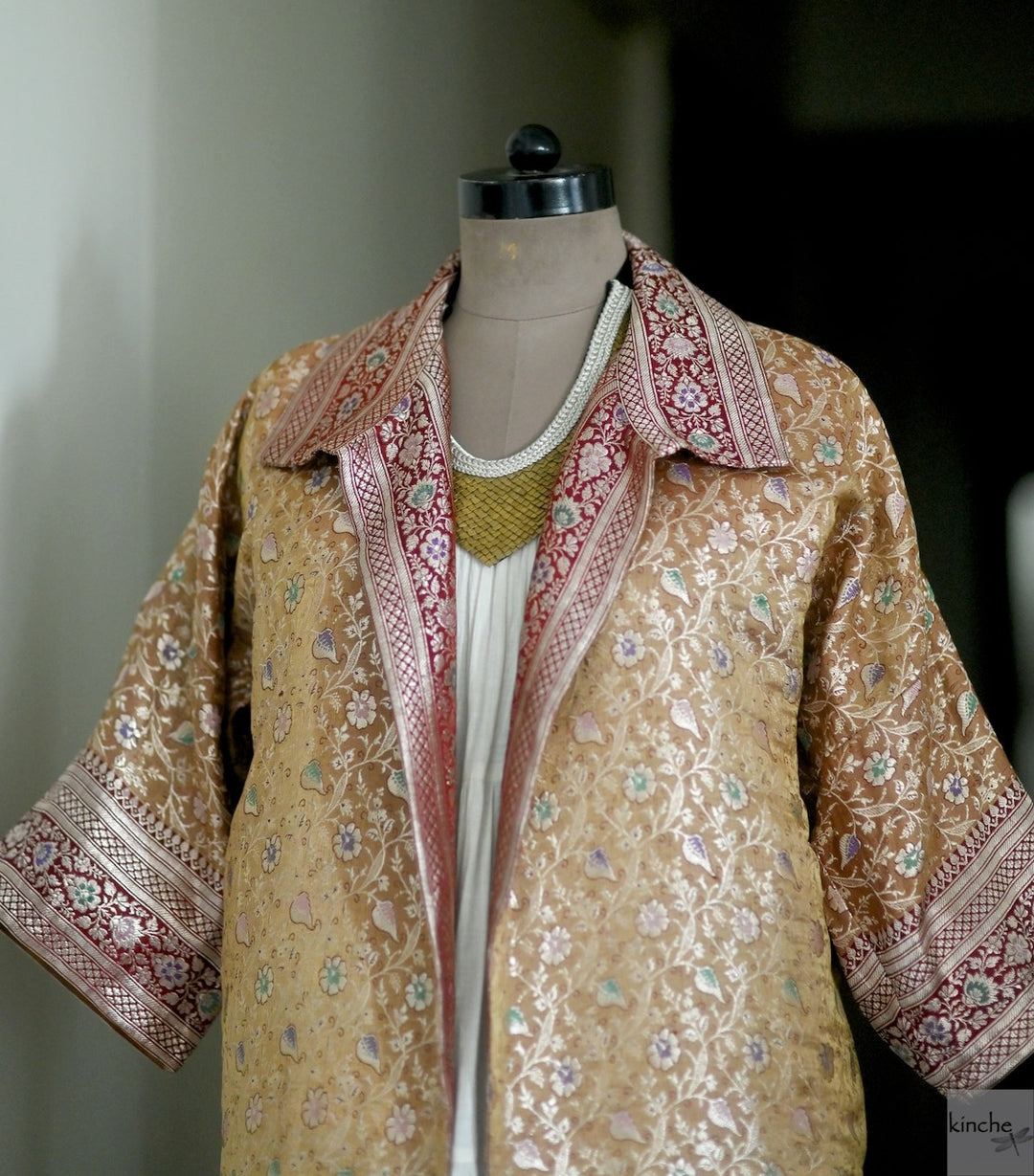 Jama 3, Long Robe Style Coat made with Vintage Zari Silk in Beige - kinchecom