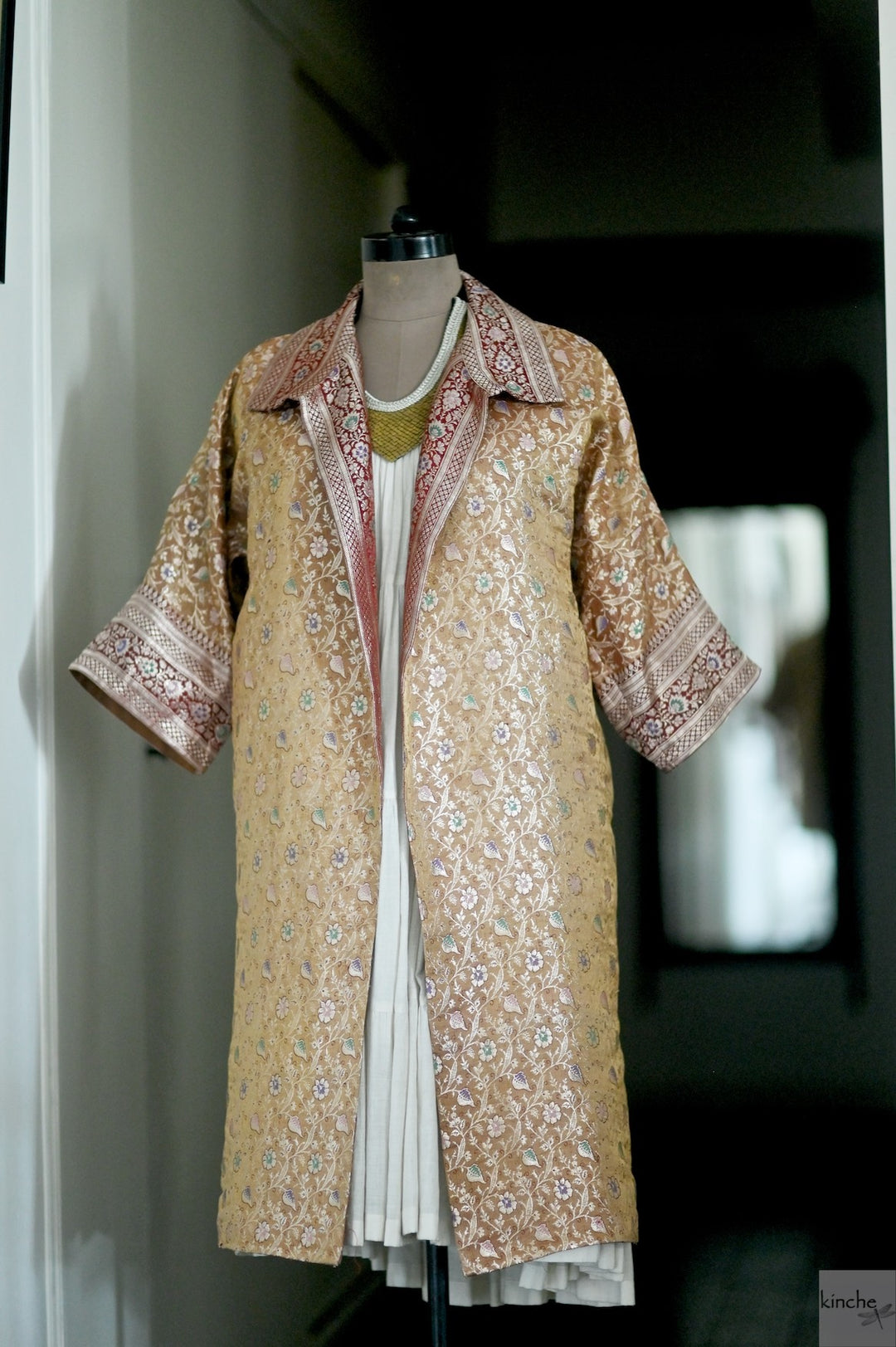 Jama 3, Long Robe Style Coat made with Vintage Zari Silk in Beige - kinchecom