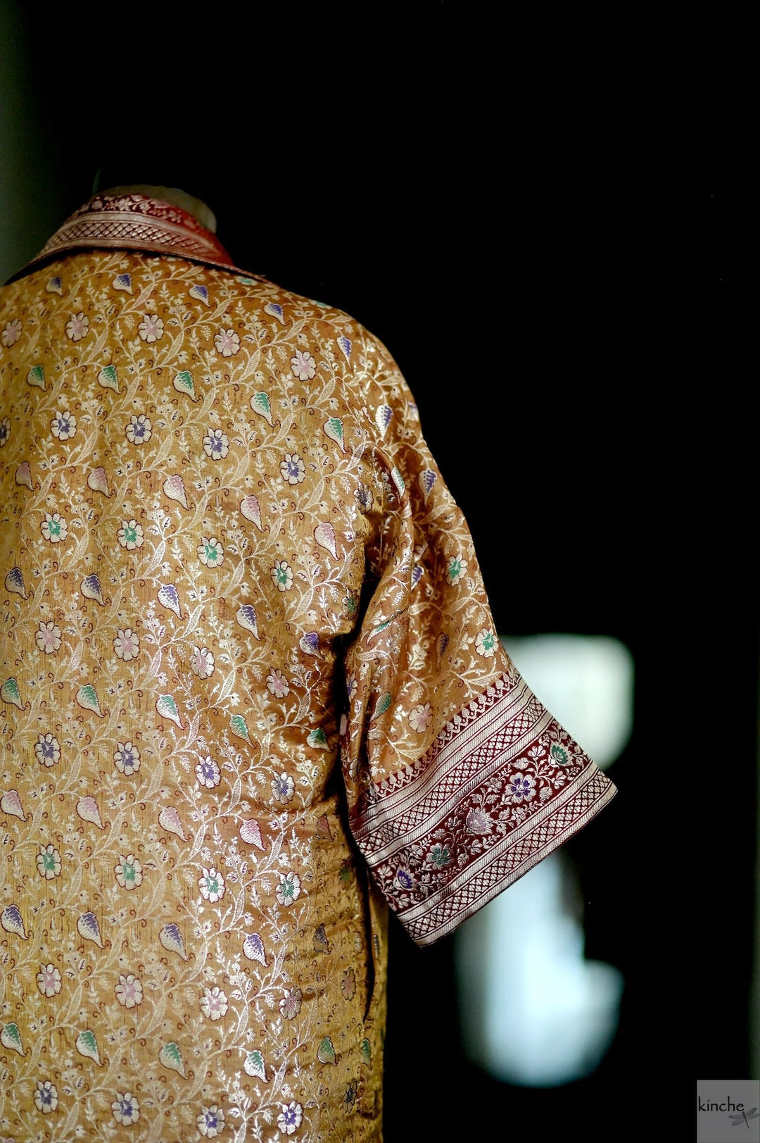 Jama 3, Long Robe Style Coat made with Vintage Zari Silk in Beige - kinchecom