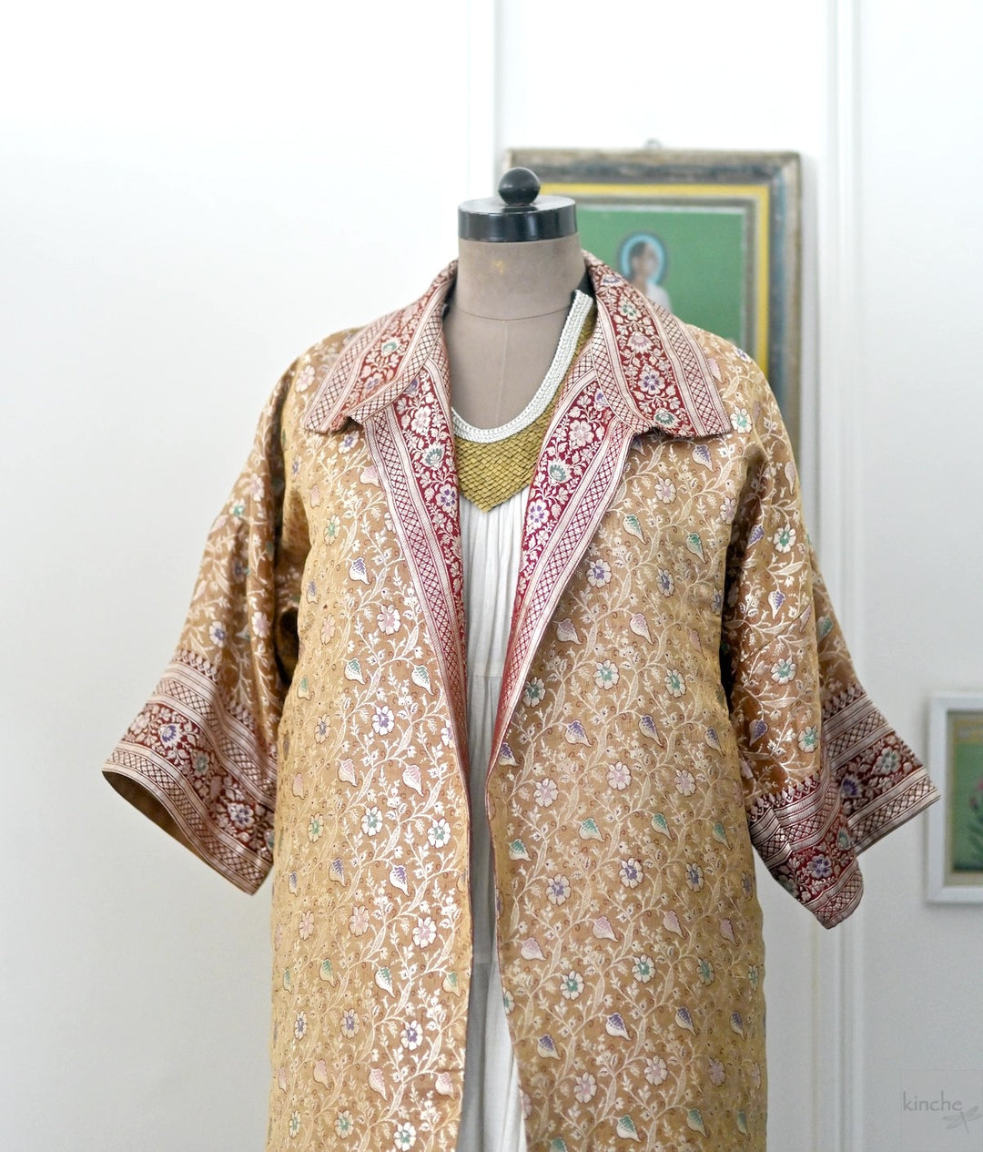 Jama 3, Long Robe Style Coat made with Vintage Zari Silk in Beige - kinchecom