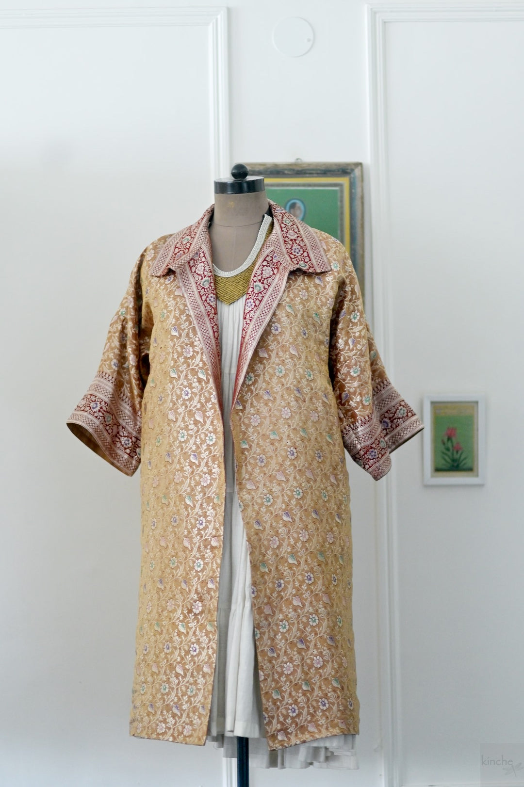 Jama 3, Long Robe Style Coat made with Vintage Zari Silk in Beige - kinchecom