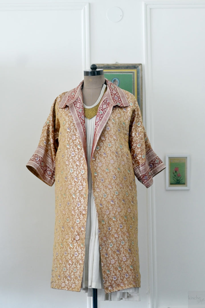 Jama 3, Long Robe Style Coat made with Vintage Zari Silk in Beige - kinchecom
