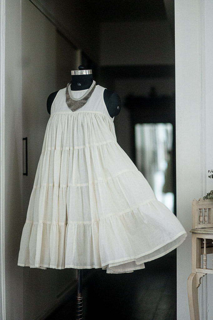 Ekaa, Off White Muti layer, flared Khadi Dress with Lining - kinchecom