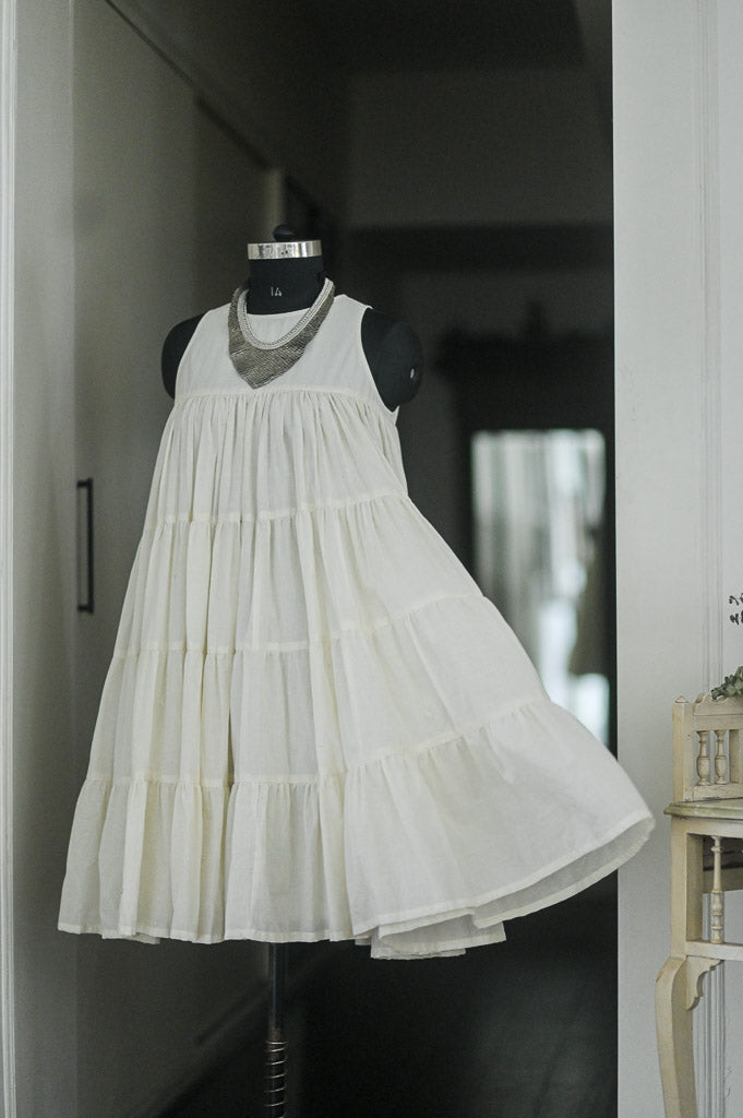 Ekaa, Off White Muti layer, flared Khadi Dress with Lining - kinchecom