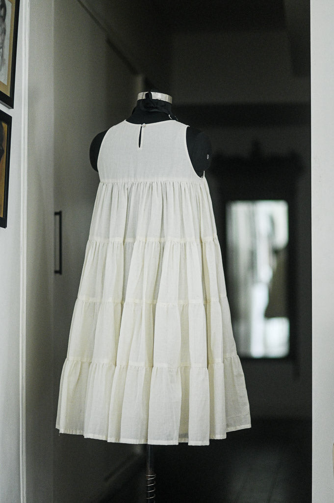 Ekaa, Off White Muti layer, flared Khadi Dress with Lining - kinchecom