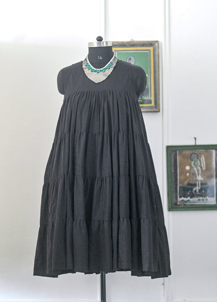 Ekaa, Black Muti layer, flared Khadi Dress with Lining - kinchecom