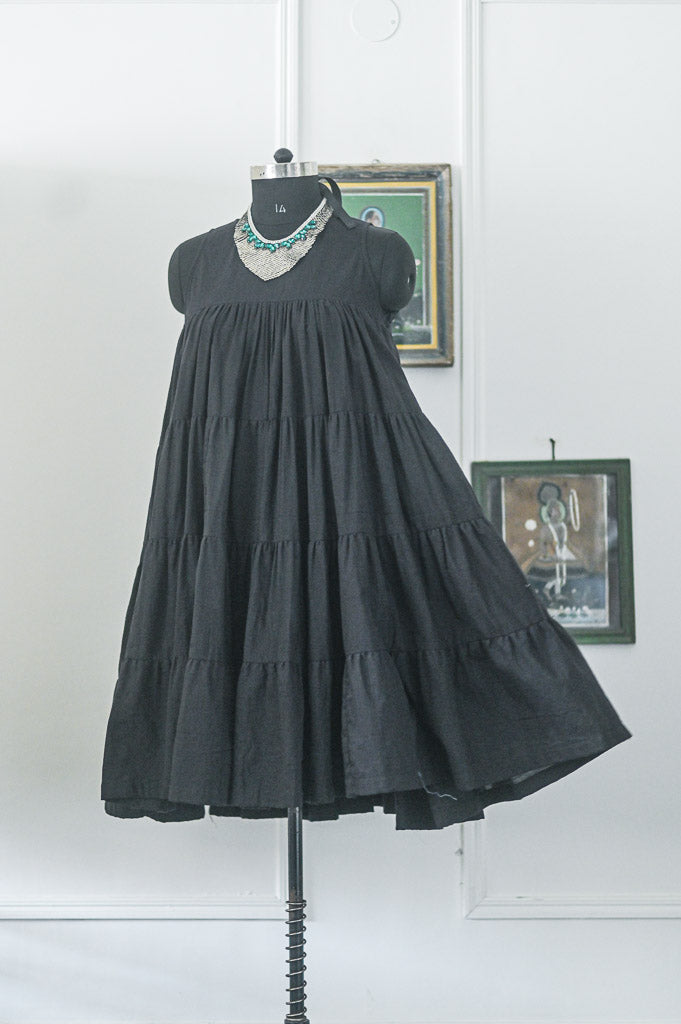 Ekaa, Black Muti layer, flared Khadi Dress with Lining - kinchecom