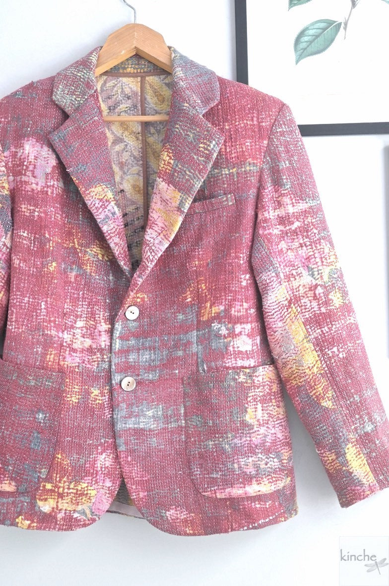 Ezra, Chest 42 Inches, XL, Distressed Vintage Fabric Kantha Blazer for Men - kinchecom