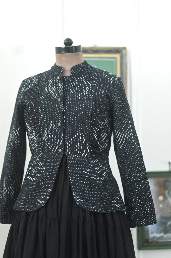 Medium, Rosylene, Black Vintage Kantha Short Jacket, Hand Embroidered - kinchecom