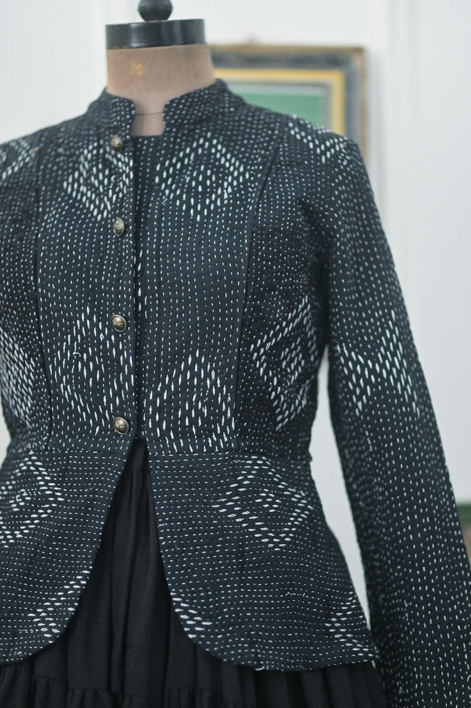 Medium, Rosylene, Black Vintage Kantha Short Jacket, Hand Embroidered - kinchecom