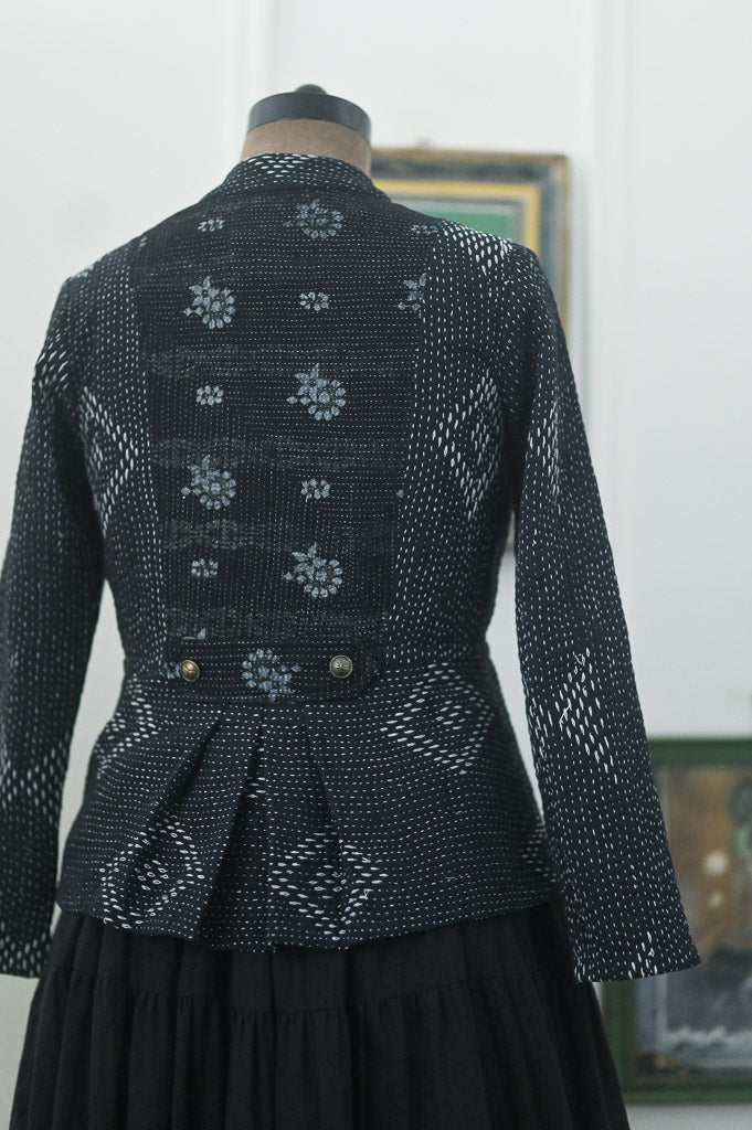 Medium, Rosylene, Black Vintage Kantha Short Jacket, Hand Embroidered - kinchecom