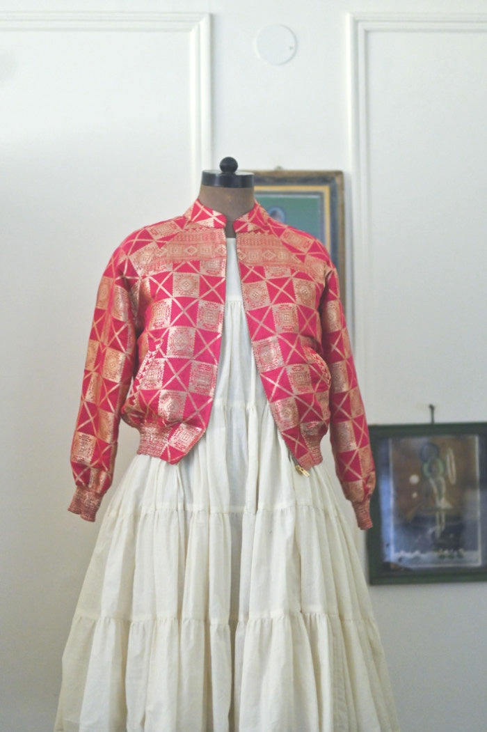 Husna, Medium, Vintage Katan Silk Saree Bomber jacket, kinche *Rare