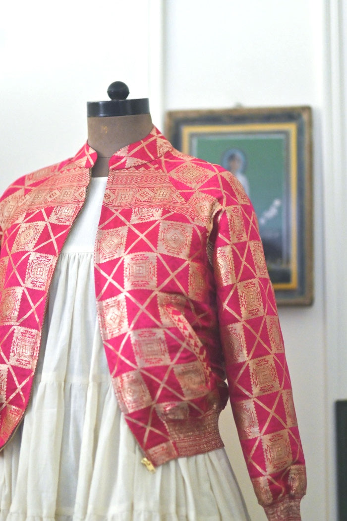 Husna, Medium, Vintage Katan Silk Saree Bomber jacket, kinche *Rare