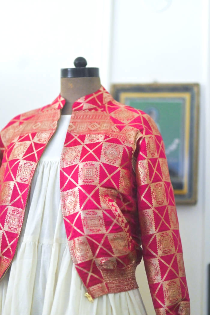 Husna, Medium, Vintage Katan Silk Saree Bomber jacket, kinche *Rare