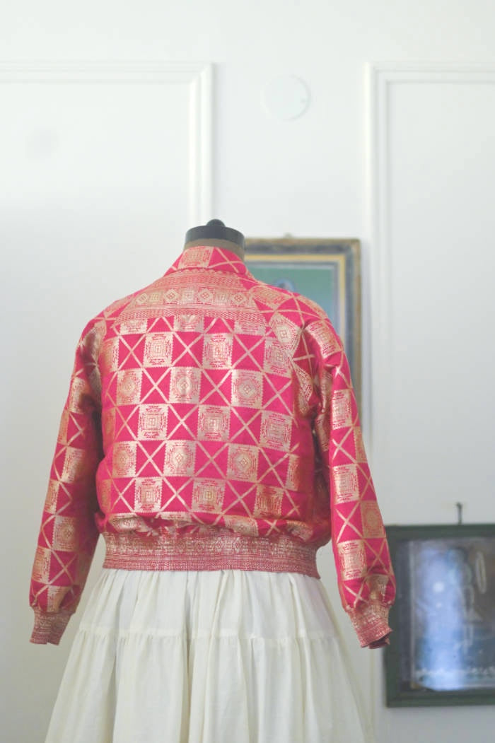 Husna, Medium, Vintage Katan Silk Saree Bomber jacket, kinche *Rare