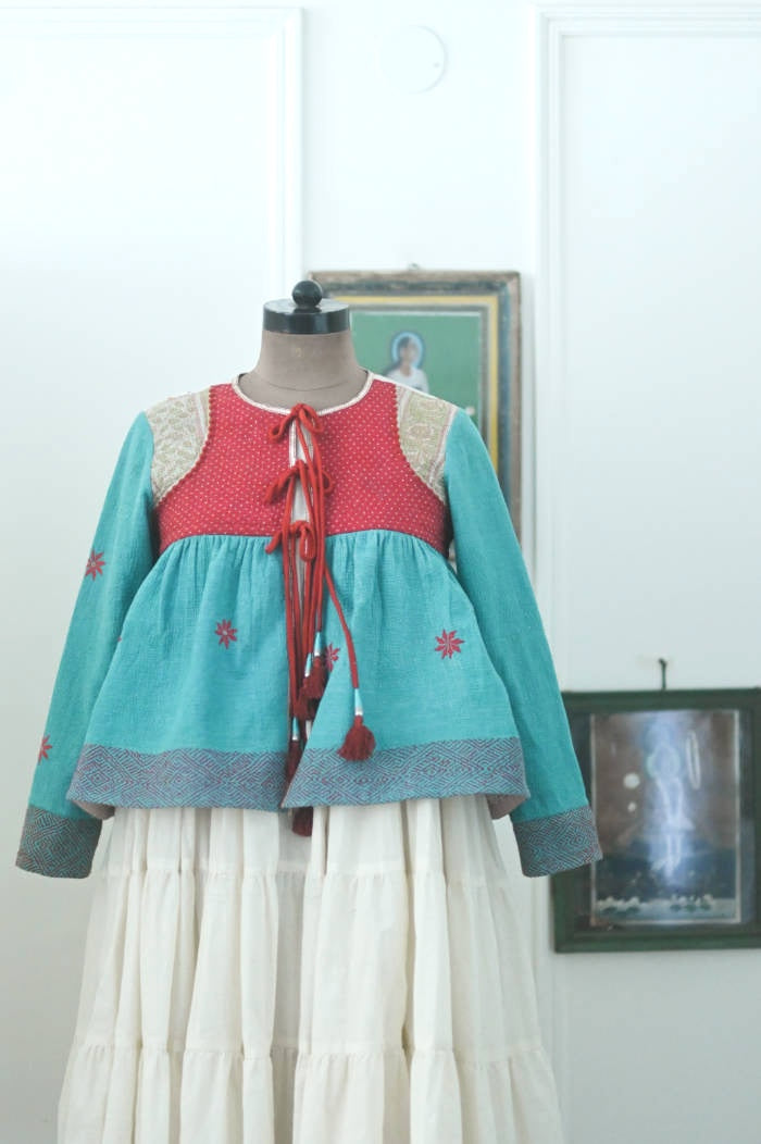 Jakarta, Hand Crafted & Hand Embroidered Kantha Kediya Jacket in Green - kinchecom