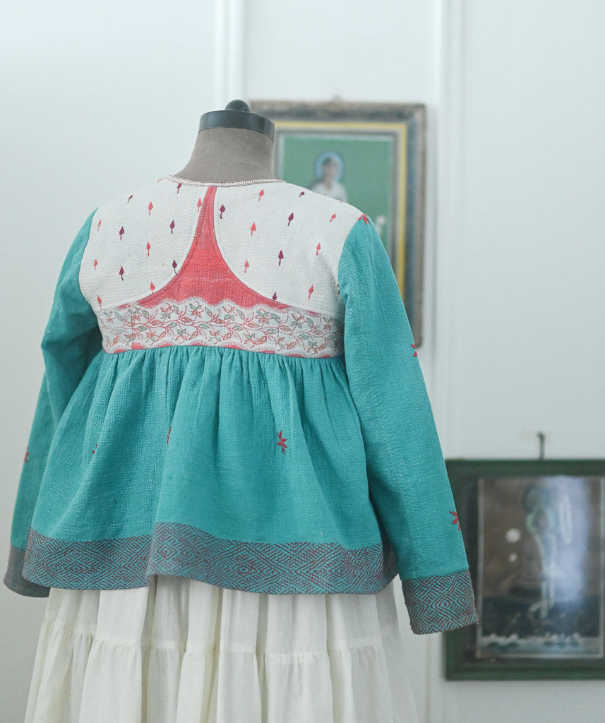 Jakarta, Hand Crafted &amp; Hand Embroidered Kantha Kediya Jacket in Green - kinchecom