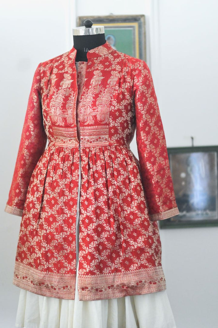 Raasa, Vintage Zari Saree Up Cycled Long Jacket in Gold &amp; Deep Red, XXL - kinchecom