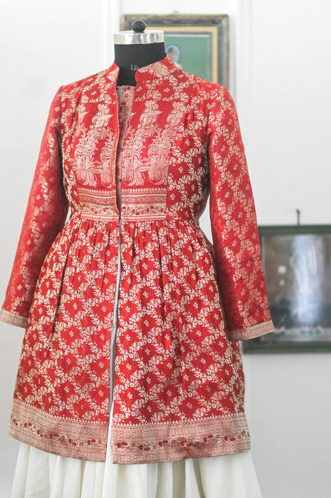 Raasa, Vintage Zari Saree Up Cycled Long Jacket in Gold &amp; Deep Red, XXL - kinchecom