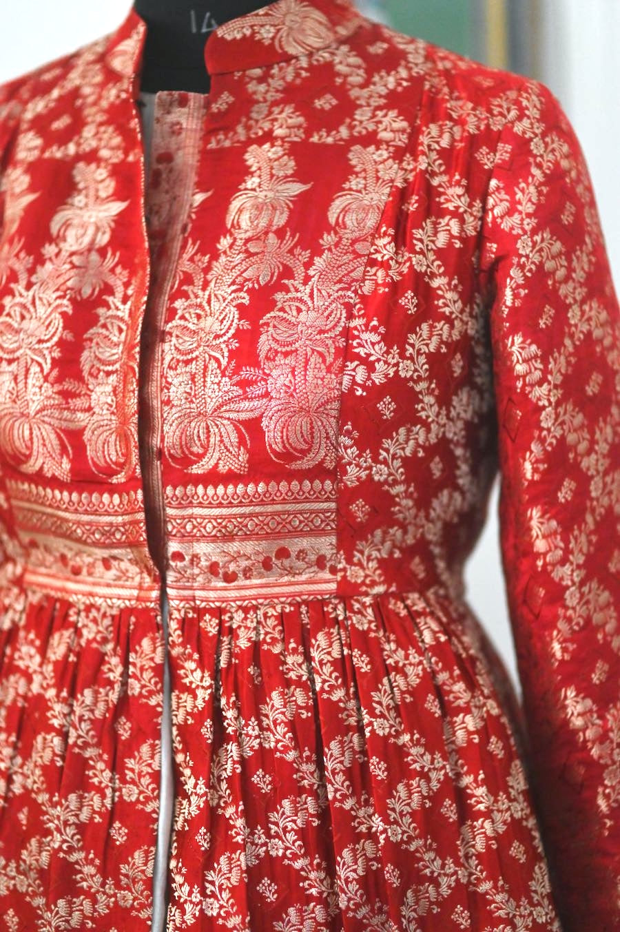 Raasa, Vintage Zari Saree Up Cycled Long Jacket in Gold &amp; Deep Red, XXL - kinchecom
