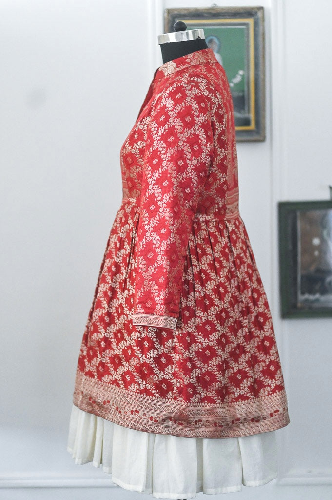 Raasa, Vintage Zari Saree Up Cycled Long Jacket in Gold &amp; Deep Red, XXL - kinchecom