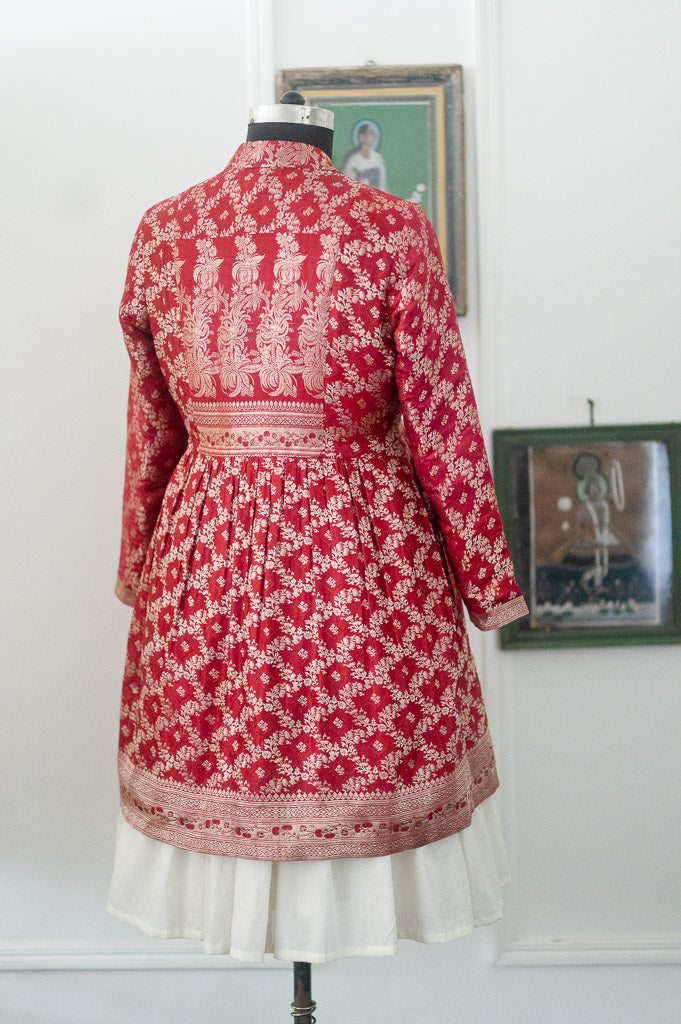 Raasa, Vintage Zari Saree Up Cycled Long Jacket in Gold & Deep Red, XXL - kinchecom