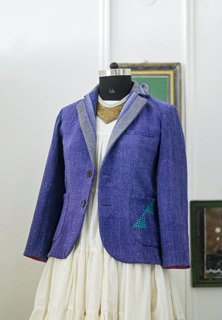 Jude, Size Large, Antique Kantha Quilt Blazer for Women, Hand Embroidered - kinchecom