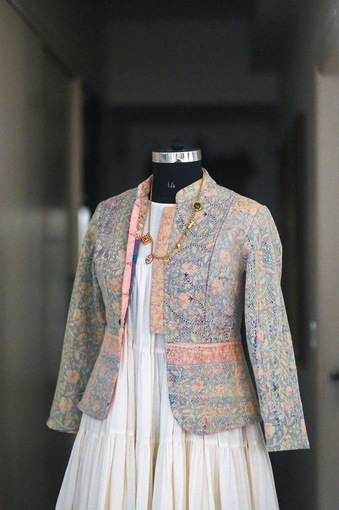 Hilda, Large , Distressed Vintage Kantha Quilt, Up Cycled in a Short Jacket - kinchecom